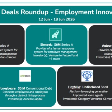 Tracxn Deal 12-18 June Tracxn Deals Roundup: Employment Innovation (12–18 June 2026). Highlights include Orbio’s $21M Series A for AI-powered HR team management, Sloneek’s $6M Series A, Autovrse’s $2.4M Series A in AI-VR training, along with Coneybeare and HeyMilo raises.